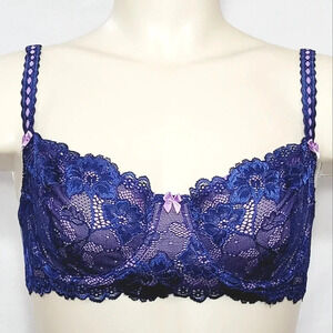 34C‎ Felina 5894 Harlow Sheer Lace Full Bust Bra Navy NWT